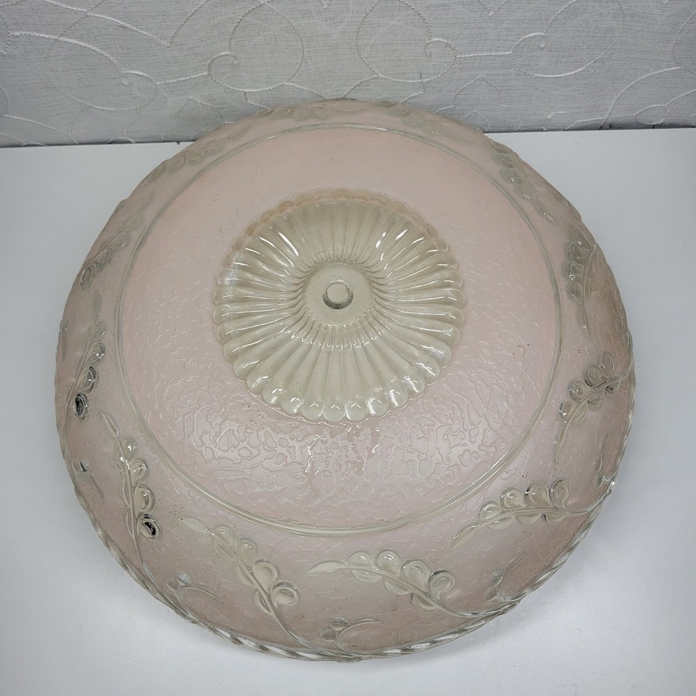 Vintage Glass Light Fixture Cover 14" Pink Frosted Floral Etched Ceiling Fixture